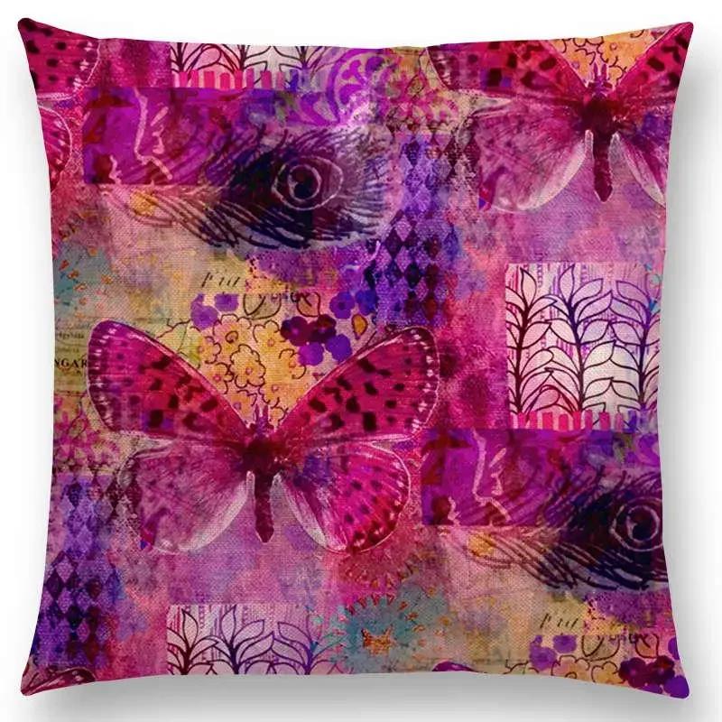 Butterfly Dream Love Flowers Sofa Throw Pillow Case Soul Heart Tulip Golden Circles Floral Stained Glass Colorful Cushion Cover