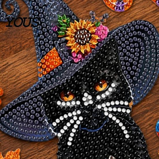 Anfängerfreundliches Strassmalerei Schwarze Katze Mond Set, Halloween Facettiertes Kunstkristall Hängende Dekoration, 3D Ornament DIY Bastel Fenster Dekoration für