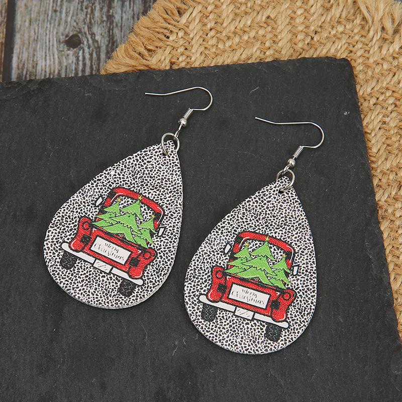 European & American Black Leopard Christmas Tree Earrings with Double-Sided Leather Design for Women