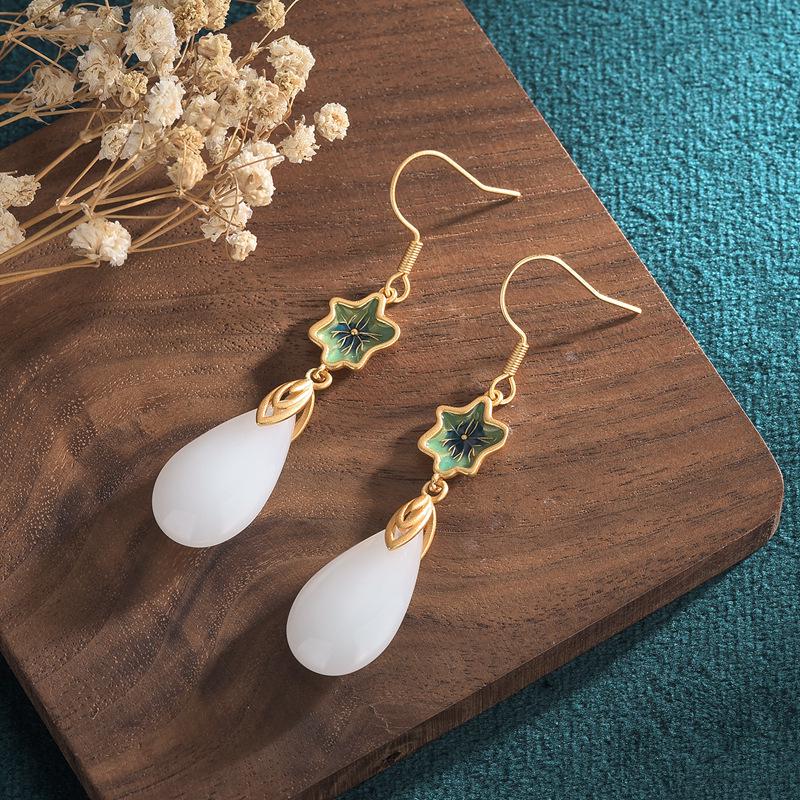 

Chinese Retro Cloisonné Tassel Earrings with Hetian Jade