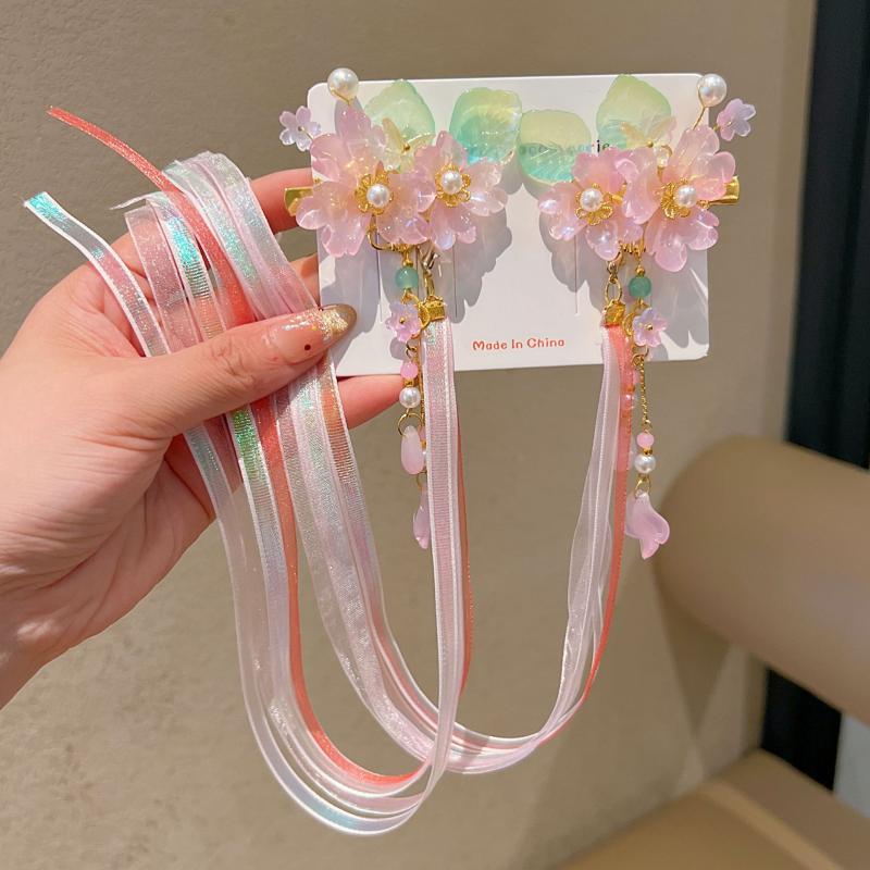 1 Pair Ancient Chinese Hanfu Girl'S Tassel Hair Clip Princess Style Flowing Silk Hairpin Adorable Headwear For Little Girls