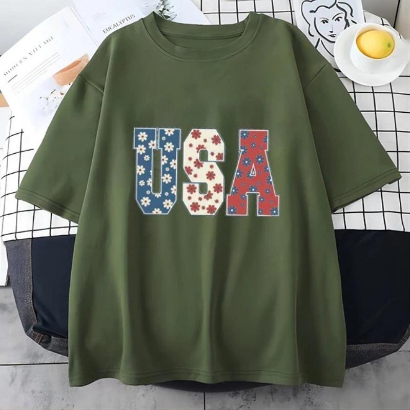 

Летняя футболка женская с буквенным принтом из чистого хлопка с короткими рукавами футболки женские 3XL зелёный