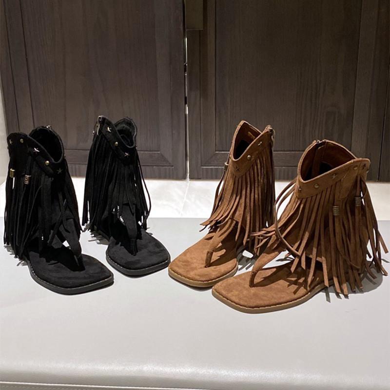 Fashion Metal Rivet Zipper Women Flip-flops Fashion Fringe Flat Designer Sandals Summer Simple Comfortable Non-slip Women Roman Shoes
