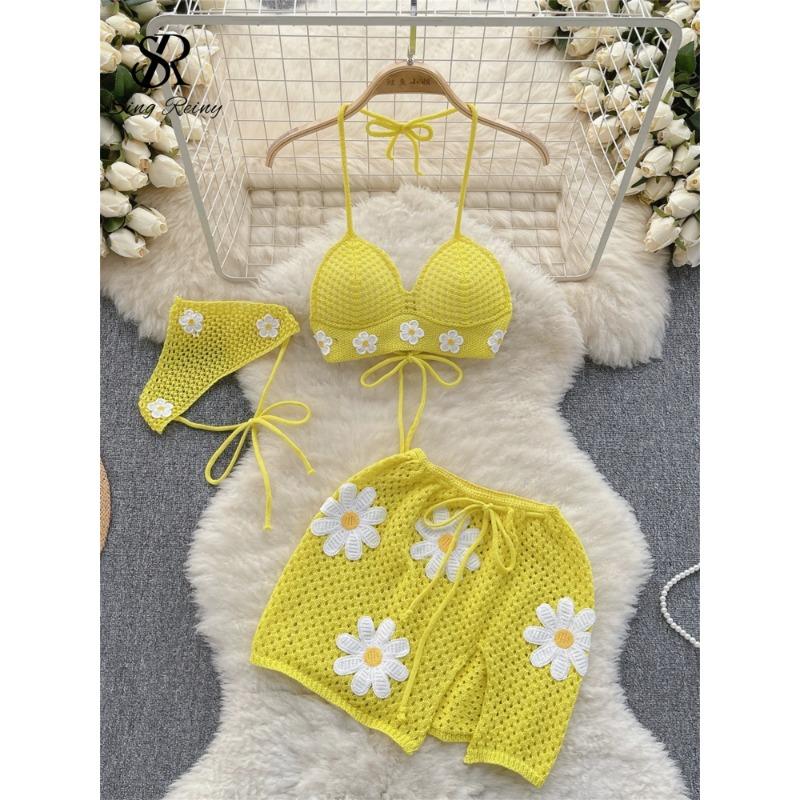 Korean Hollow Out Knitted Suits Women Halter Lace Up Bow Backless Tank Top+Drawstring Split Mini Skirt Two Pieces Sets