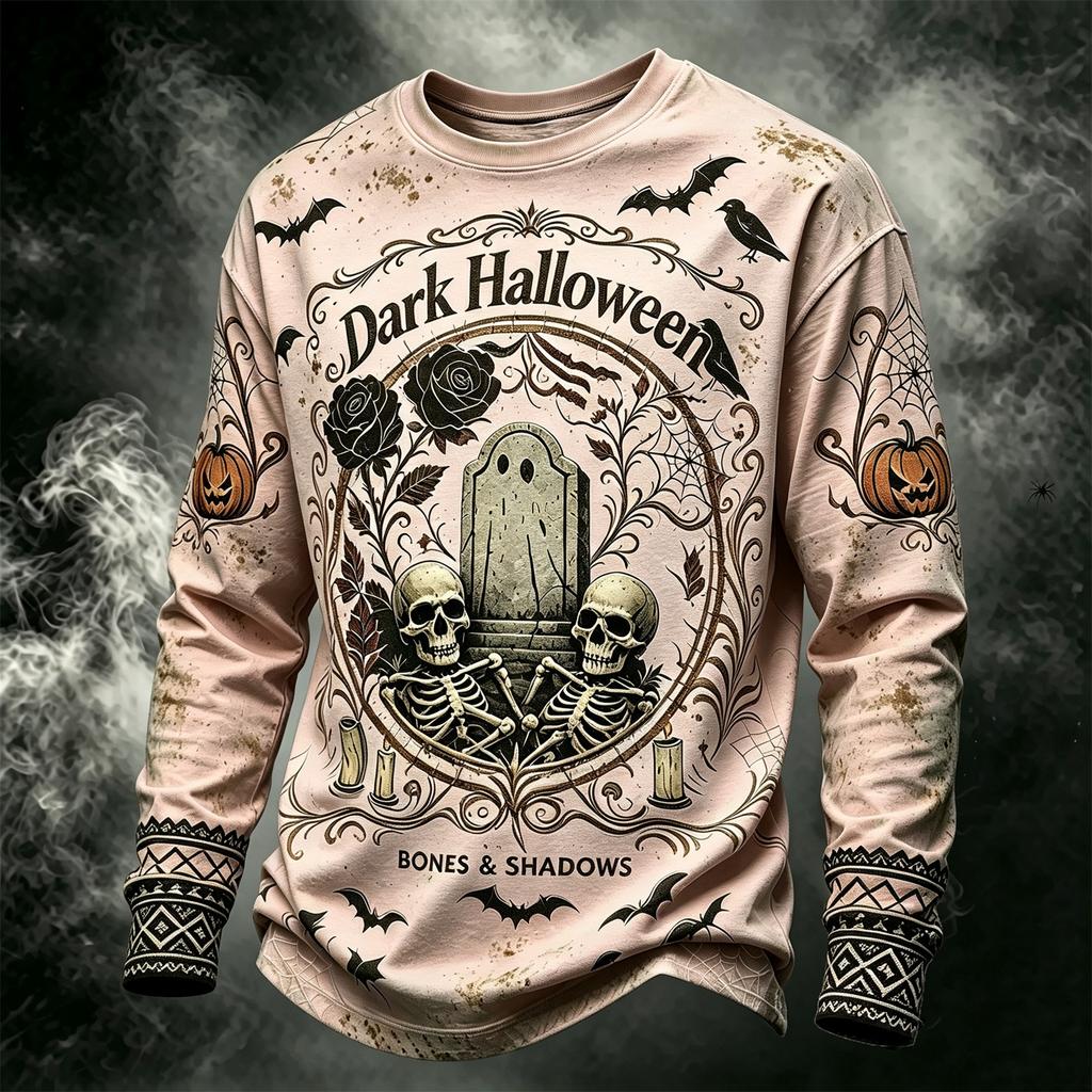 Men's Casual Long Sleeve Round Neck Top with Halloween Print for Seasonal Wear