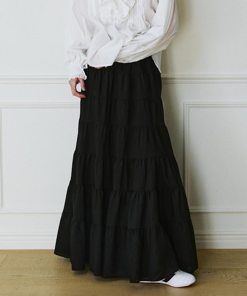 Green Butter Cancan Ruffle Long Skirt (Black)