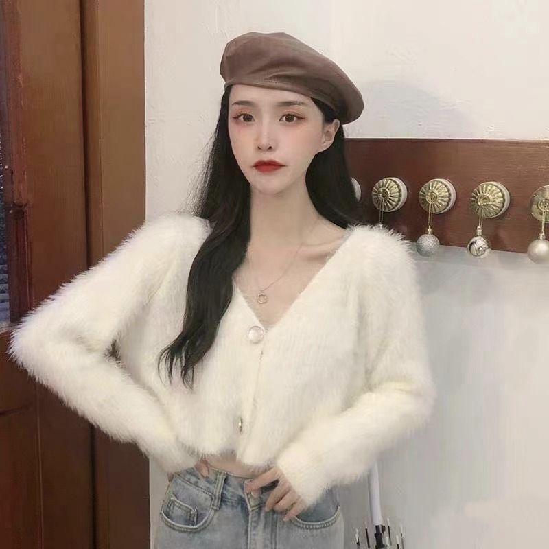 Spring Autumn Women V-neck Imitation Mink Fur Soft Mohair Knitted Sweater Cardigan Coat Short Top