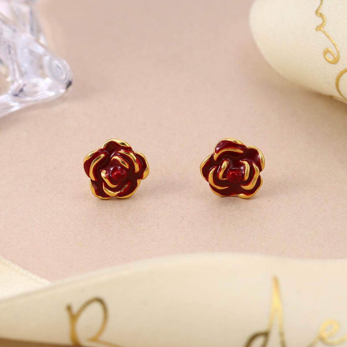 

Red rose flower stud earrings spring and summer simple and creative pearl colorful camellia earrings women s fashion jewelry