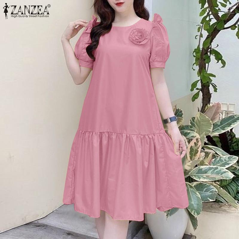 ZANZEA Women Summer Casual Round Neck Loose Short Sleeve Dress