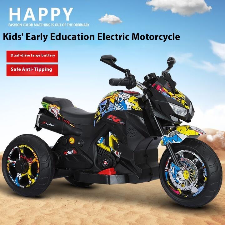 Children's electric motorcycle 1-10 years old boys and girls charging toy battery car baby three-wheeled stroller can seat people