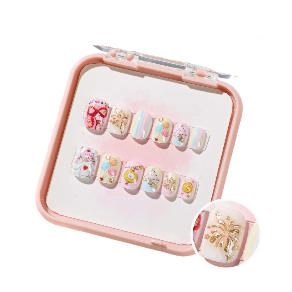 Bowknot Fireworks Kids Cartoon Fake Nails Gilded Cat Eyes Kids Fake Nail Extension  Student