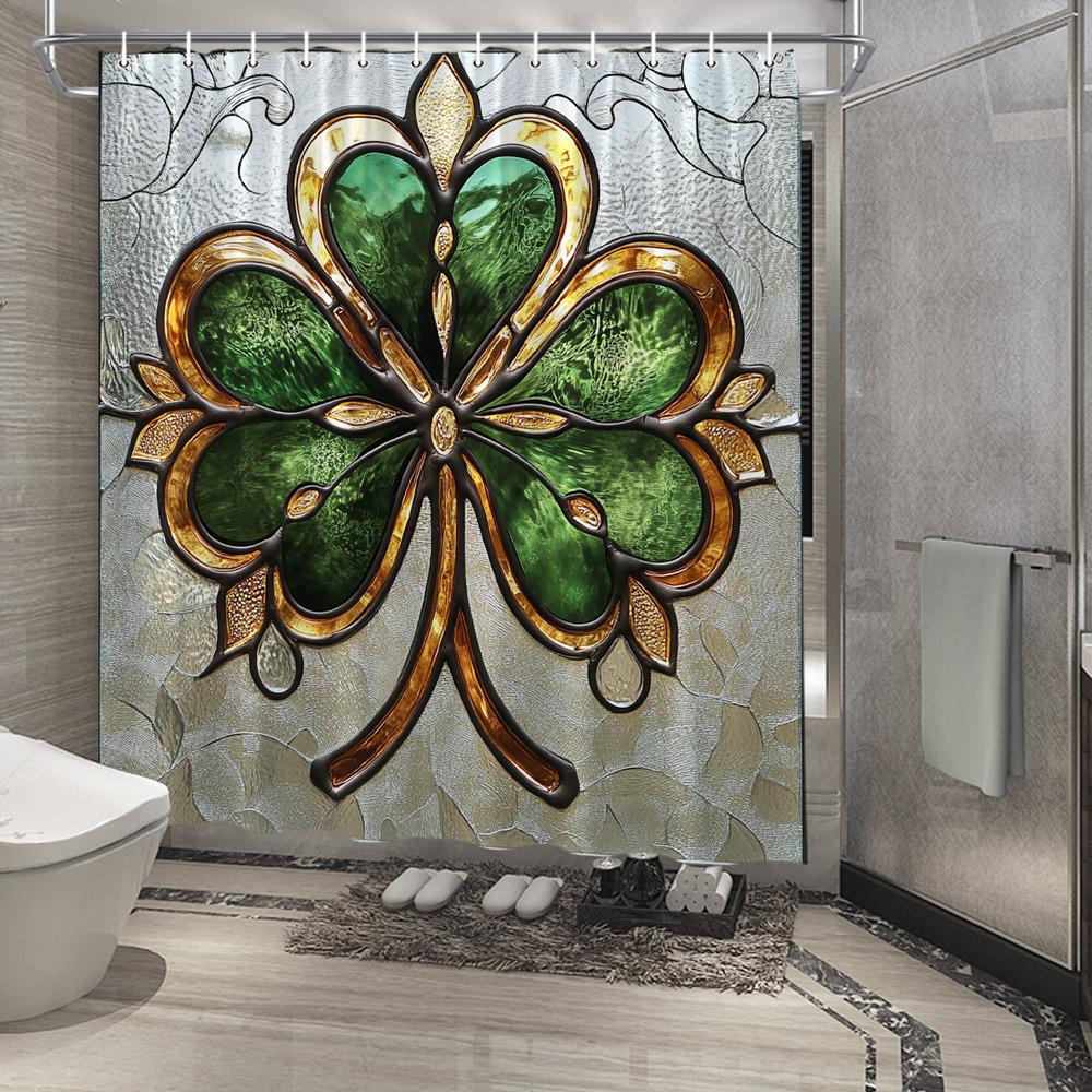 

Colored Glass Four-Leaf Clover Shower Curtain - Green Clover, Golden Accents, Silvery-Grey Glass, Vintage-Inspired Decor W60H190(CM)-1 Pcs