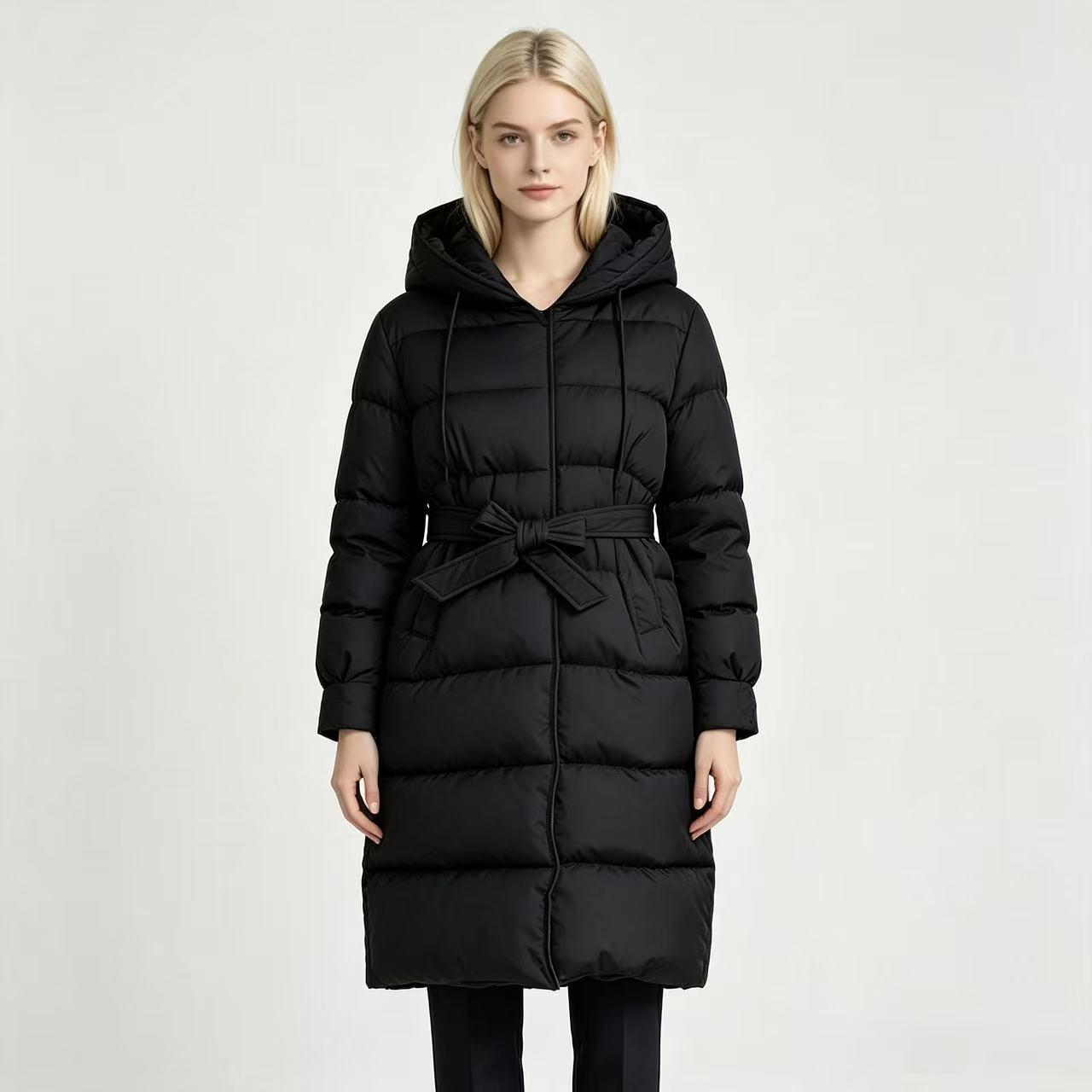 Women`s Hooded Waist-Cinch Mid-Length Cotton Jacket