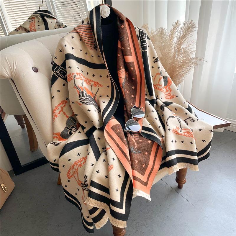 Autumn and Winter New Carriage Imitation Cashmere Air Conditioner Shawl Fashion Short Beard Thickened Scarf Light Luxury Versatile Scarf Women