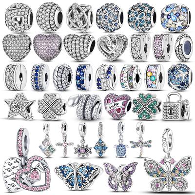 S925 Sterling Silver Charms Sparkling Pave CZ Bead Fit Pulseira Original Faça Você Mesmo