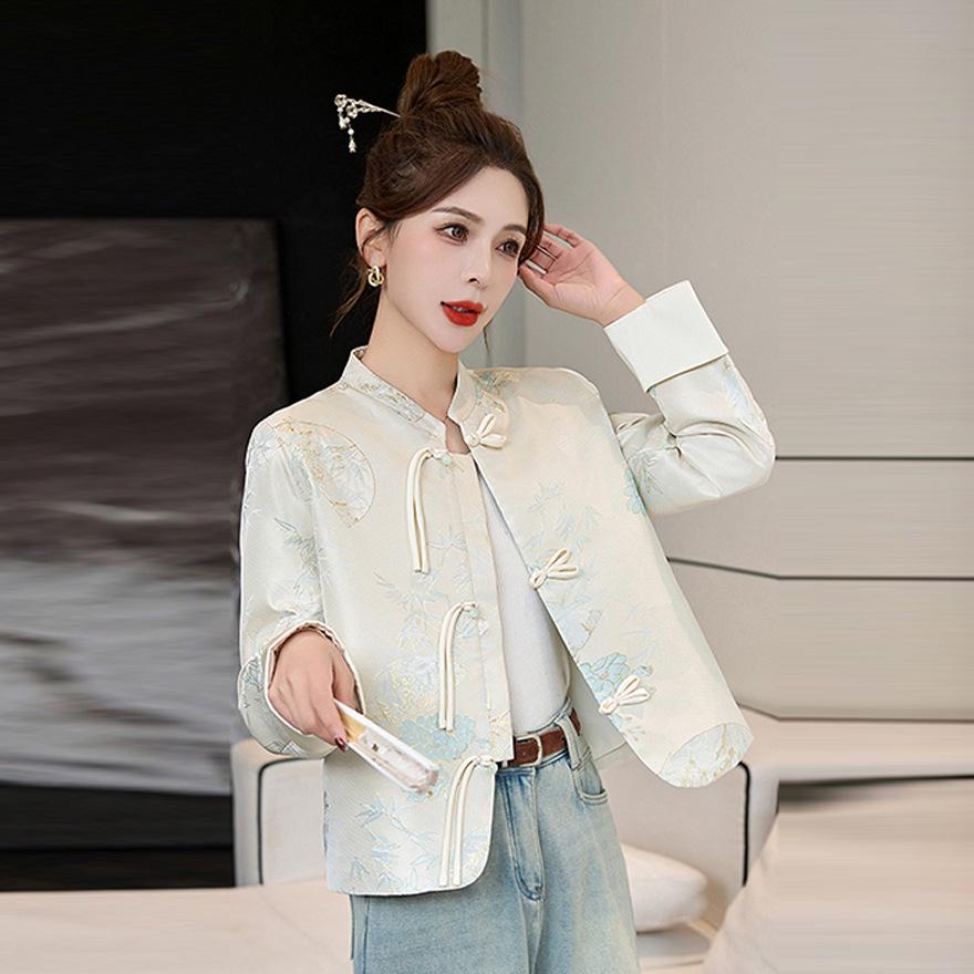 Blue jacquard jacket women's spring and autumn new temperament age-reducing button-up top