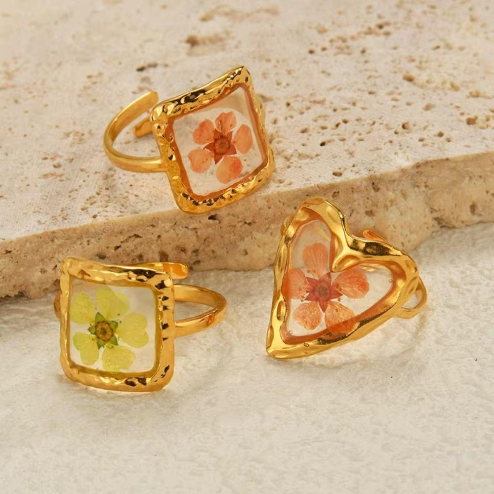 Geometric Summer Transparent Ring Stainless Steel Open Ring Retro Eternal Flower Ring  Couple