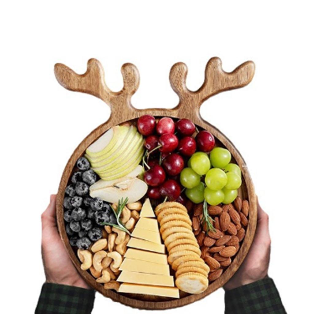 Wooden Serving Platter with Antler Handles Christmas Reindeer Decorative Plate Organizer Wood Food Tray for Snack Fruit