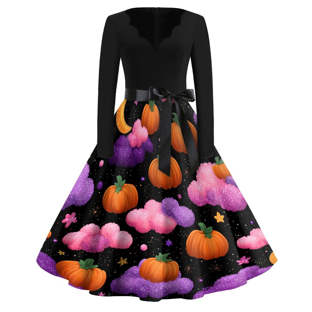 Womens Vintage Halloween Print Dress V Neck Long Sleeve Casual Retro Style Midi Dress with Waist Tie Belt