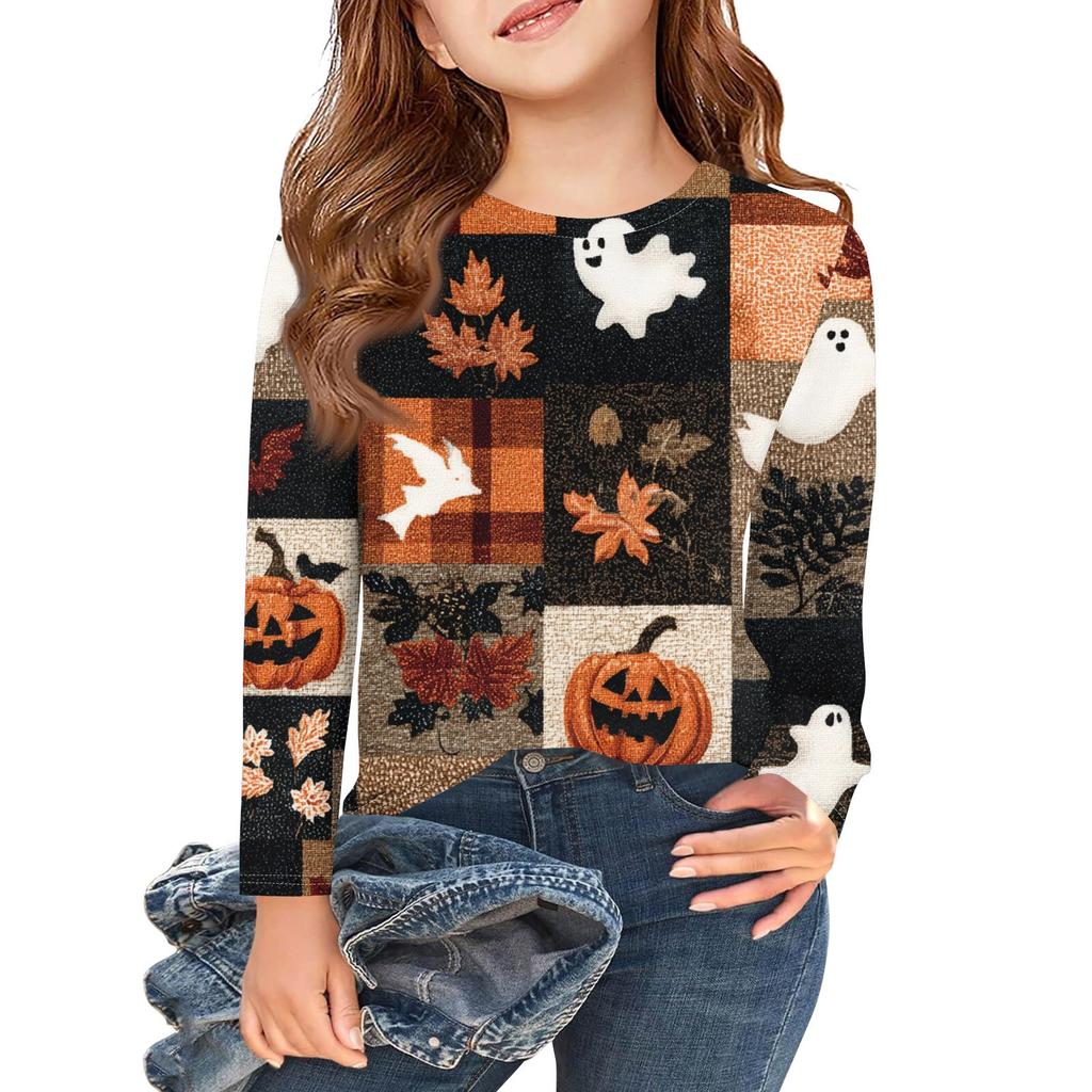 Mädchen Langarm T-Shirts Kinder Herbst Tops Rundhalsausschnitt Halloween Bedruckt Basic Tees 3-9J