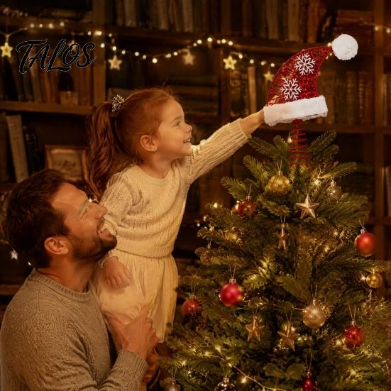 Festive Christmas Home Decor Santa Hat Tree Topper with Fluffy Pom Ball, 10 Inch Metal Dynamic Wire Treetop Ornament Spring Base for Tree, Holiday