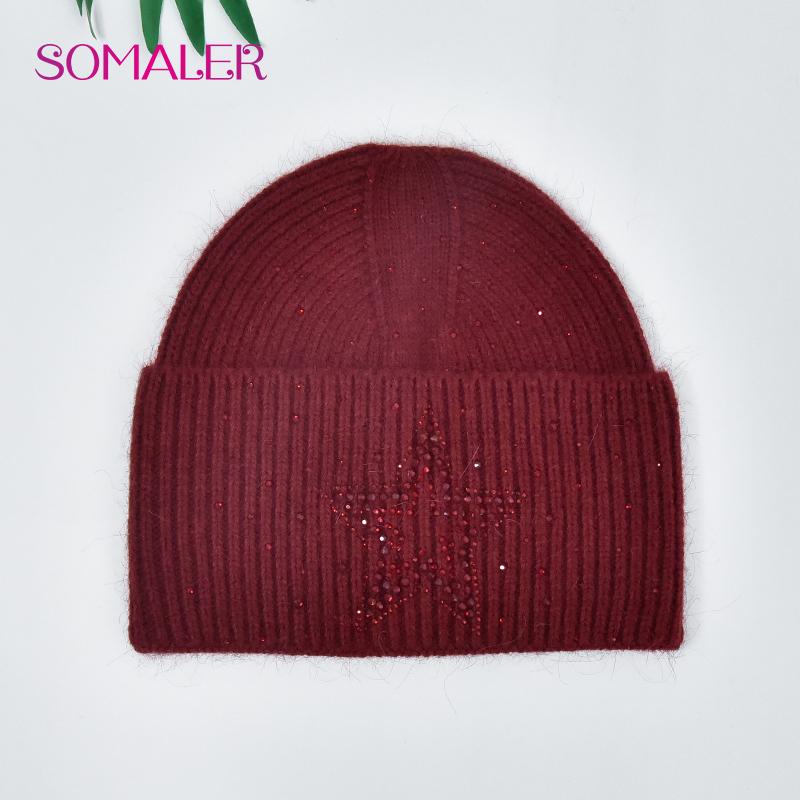 

Женские зимние ангоровые шапки Теплая шерстяная вязаная шапка Модная шапка с узором из страз и звезд Кроличий пух Шапка-бини Шапка-боннет One Size