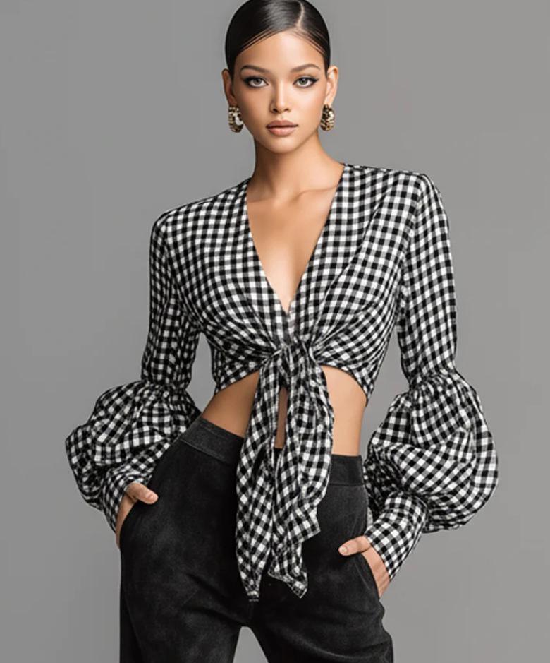 Women s 2025 Retro Plaid V-neck Puff Sleeve Shirt Extra Extra Large