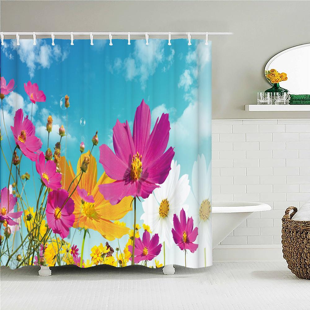 Rideau de douche Fleurs Roses Tulipes Colorées Arbres Rideaux de Salle de Bain Nature Fleur Tissu Polyester Imperméable Écran Baignoire Décor