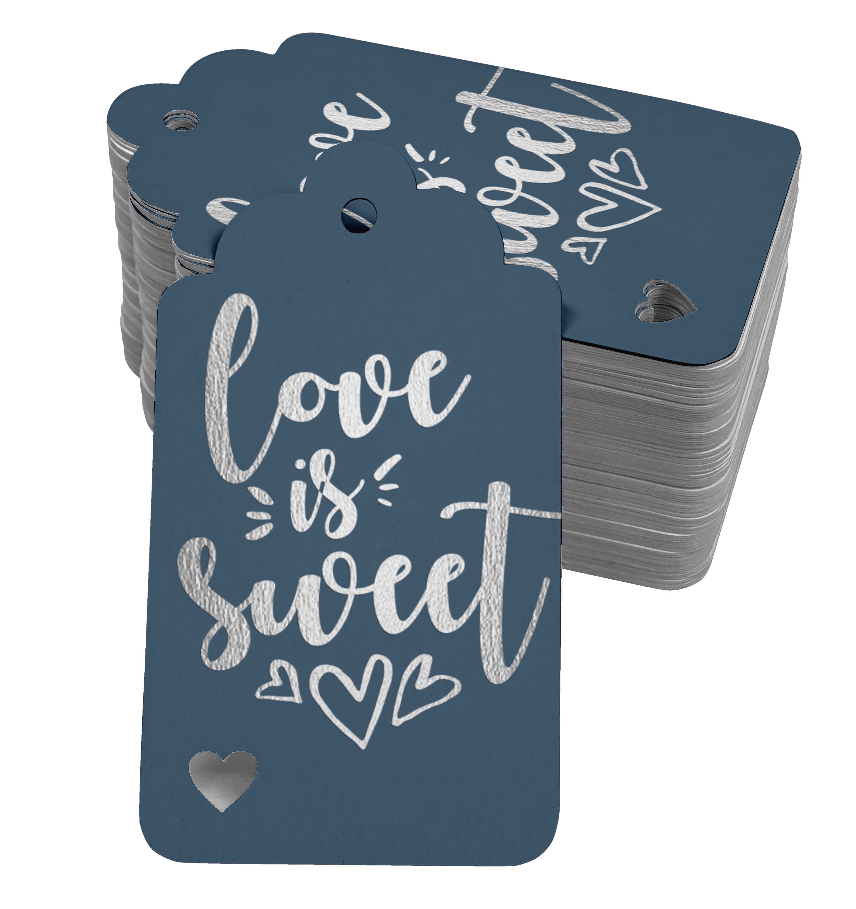 

Inkdotpot 100 упаковок справжніх золотих паперових бірок «Любов солодка весільна послуга». 50 Silver Foil Tags синій