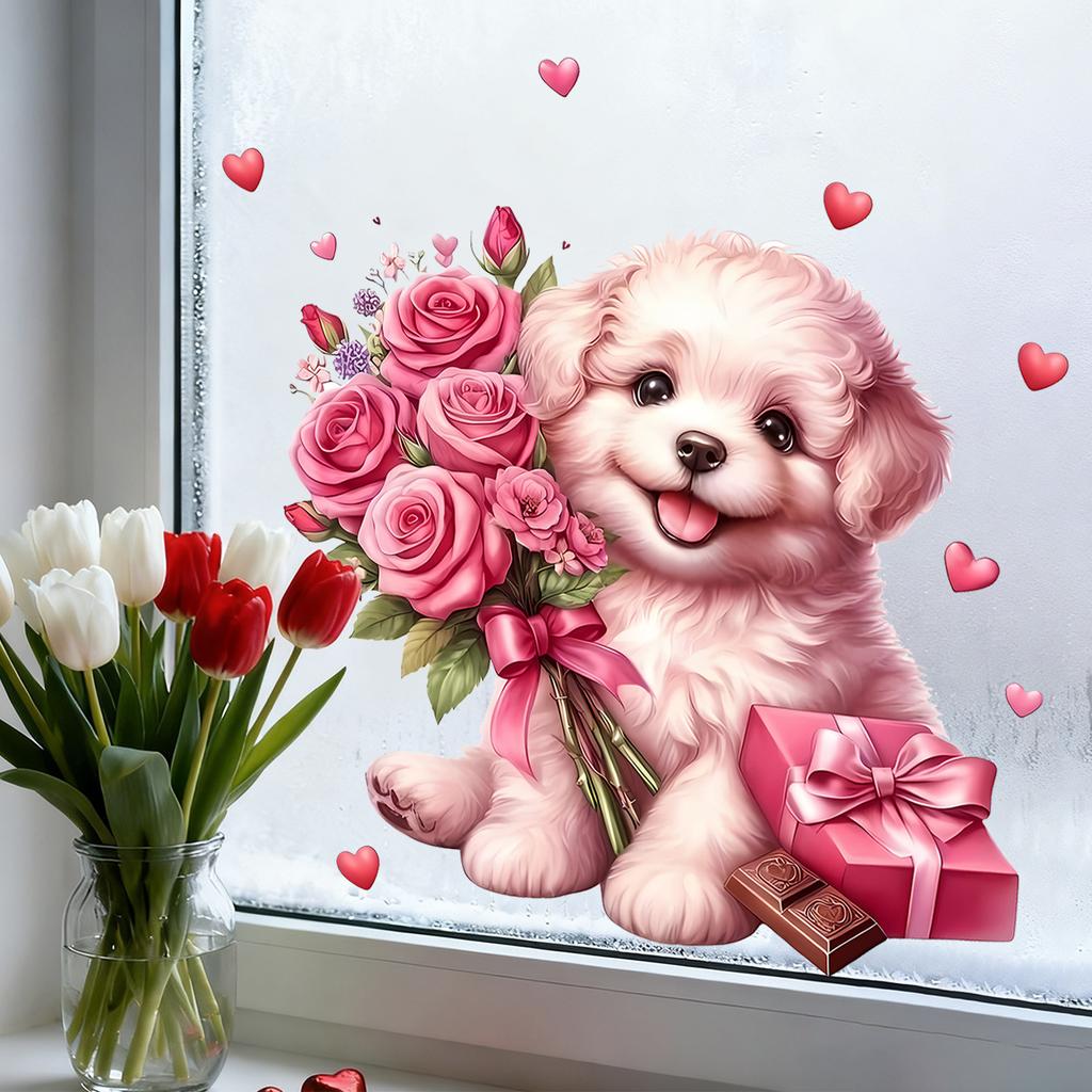 Dog Holding Flowers and Hearts Static Cling Window Stickers No Glue Needed for Bedroom Living Room Balcony Removable Reusable
