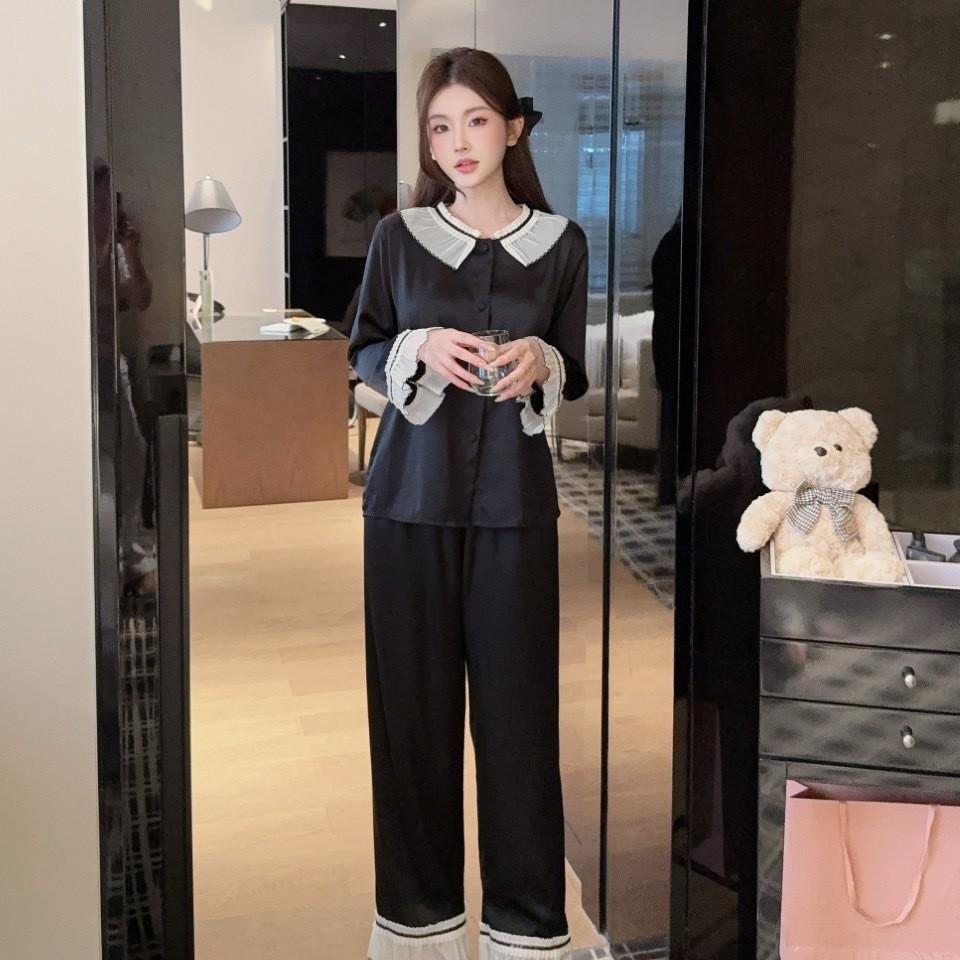 Spring new ice silk long-sleeved pajamas women's high-end French sweet lace thin loungewear suit can be worn outside