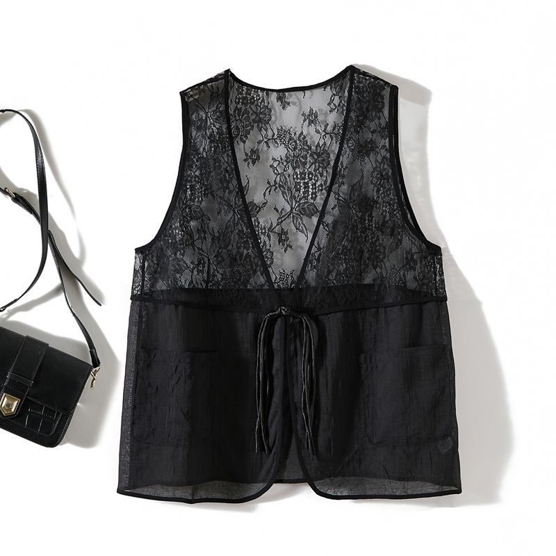 

Модная летняя двойка для девочек! Кружевной лоскутный жилет из органзы с длинной хлопковой футболкой с круглым вырезом, дышащий Black XXL