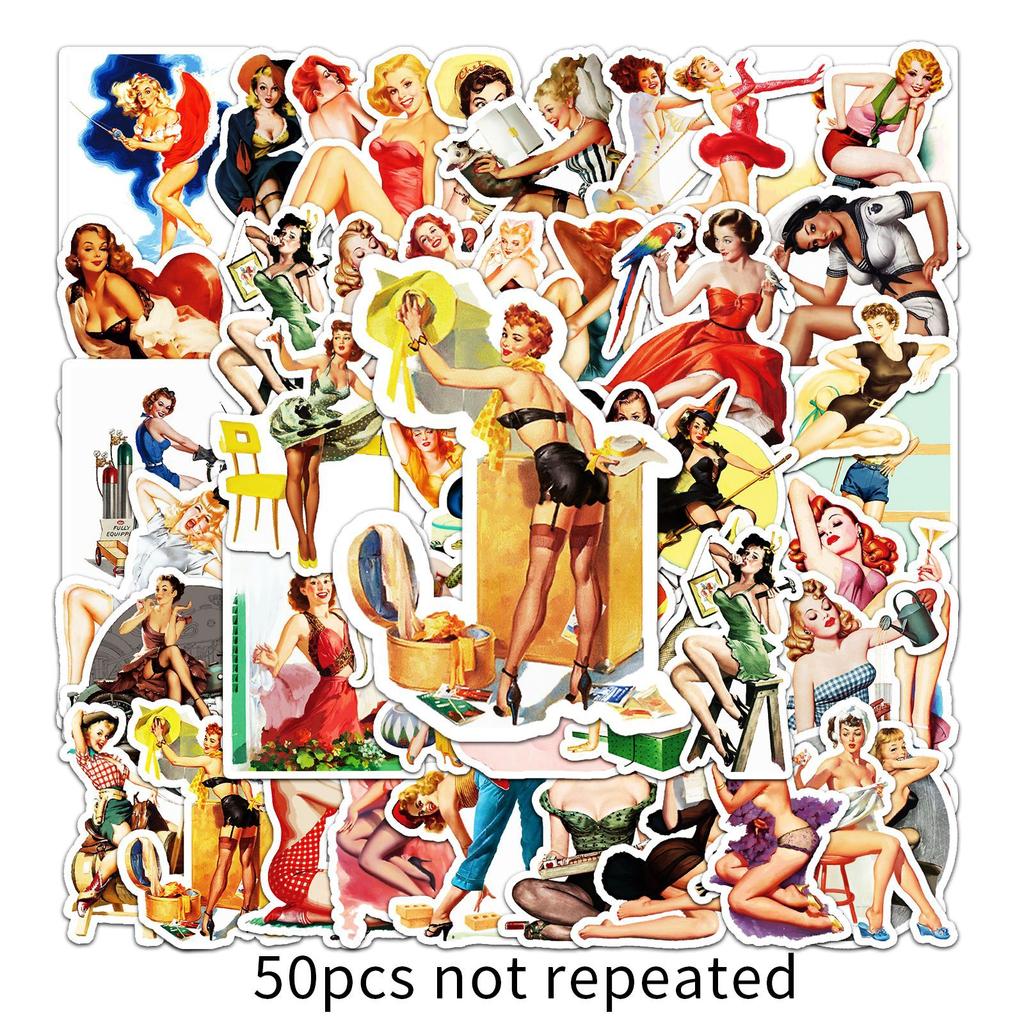 50 Retro Posters Girl Doodle Personalized Sexy DIY Skateboard Water Cup Suitcase Stickers Waterproof