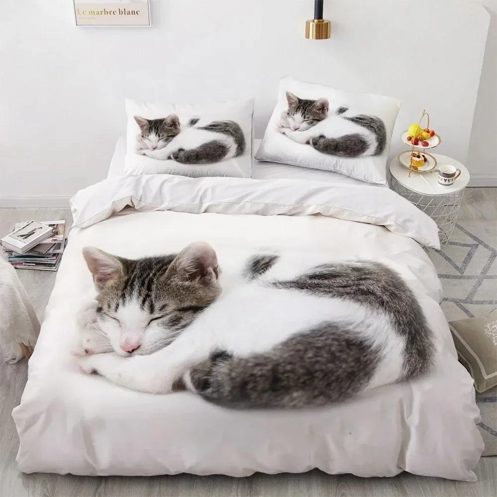 3D Bedding Sets Red Duvet Quilt Cover Set Comforter Bed Linen Pillowcase King Queen 210x210cm Size Pet Cat Design for Boys Girls