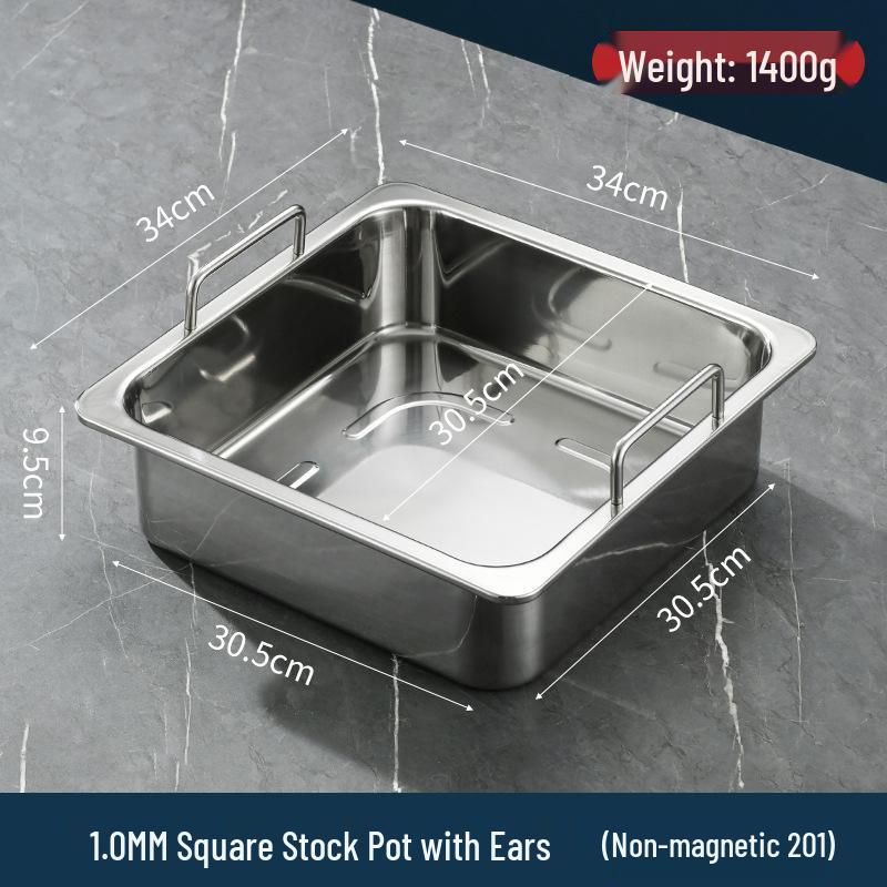 Thickened Stainless Steel Square Hot Pot with Handles, Induction-Compatible, Serves 3-5 People Extra Large Extra Thick