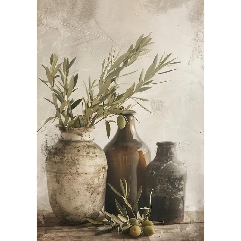 Retro Elegante Olivenbaum und Zitrone Leinwand Poster Vase Wandkunst Poster Perfektes Geschenk für Wohnzimmer Schlafzimmer Studentenwohnheim Heimdekoration