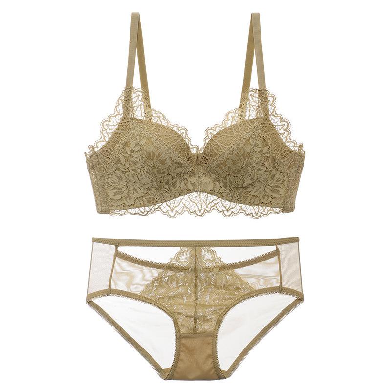 Sexy Pure Lace Small Breasts Gather and Lift the Chest To Prevent Sagging, Not Empty Cup, No Steel Ring Bra Set.