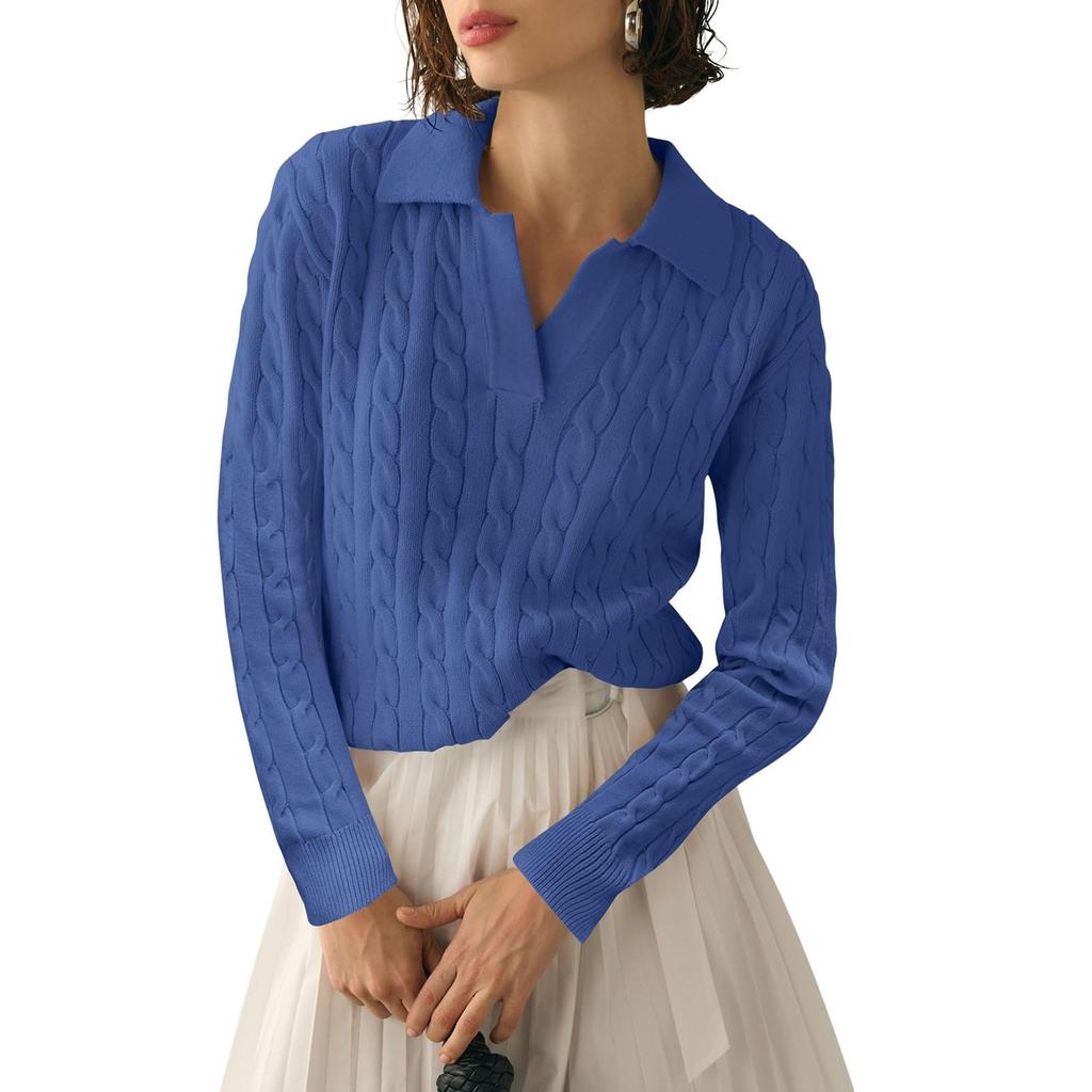 Women's Lapel Casual Soft Sweater Cable Knit Pullover