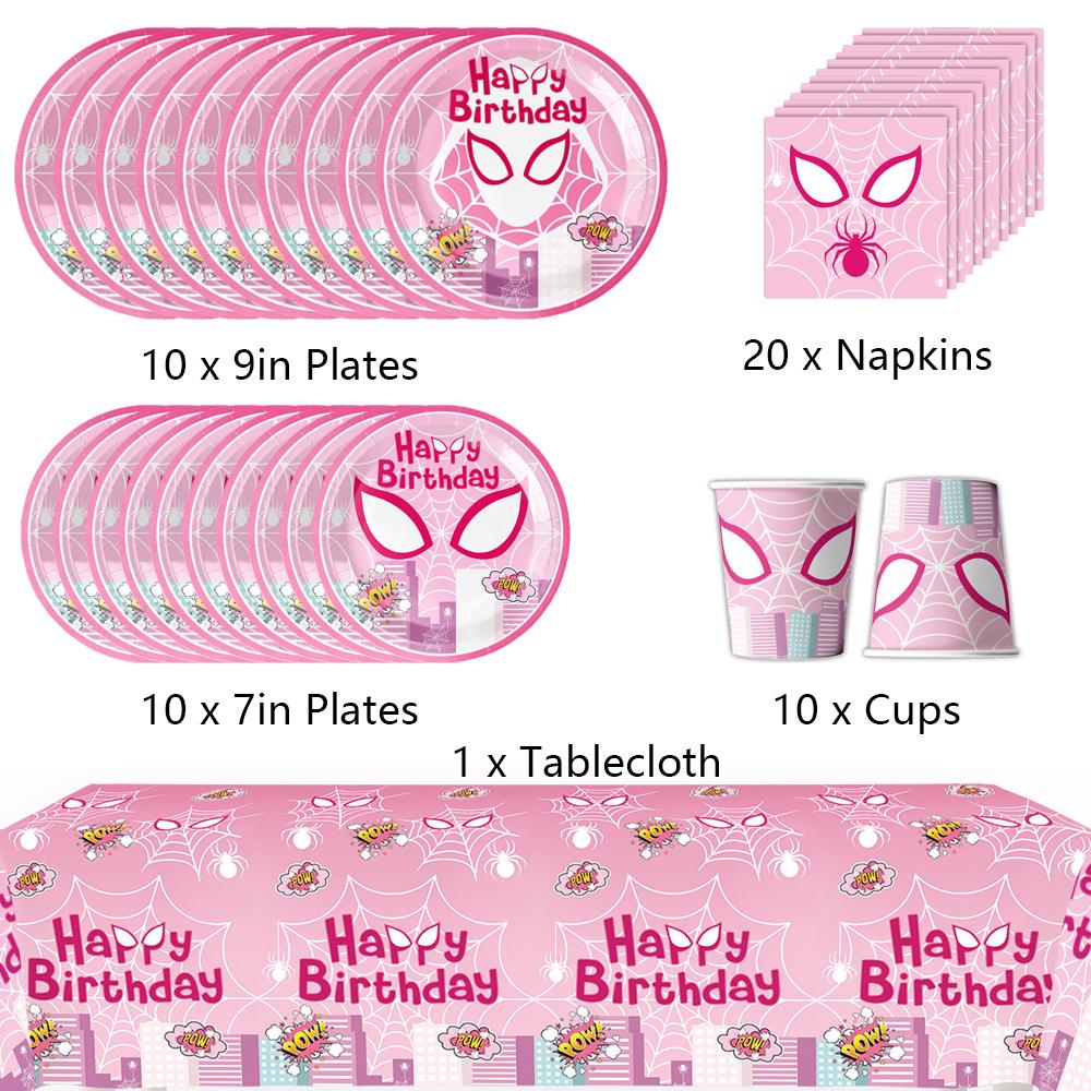 

New 51PCS Pink Spider Party Supplies Include Plates, Cups, Napkins, a Tablecloth