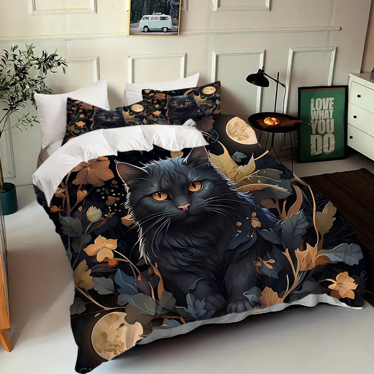 

Moon Black Cat 3d Printed Duvet Cover Mysterious Animal Style Bedding Home Decor Soft Comfortable Luxury Quilt Cover Pillowcases 135x200cm 2pcs