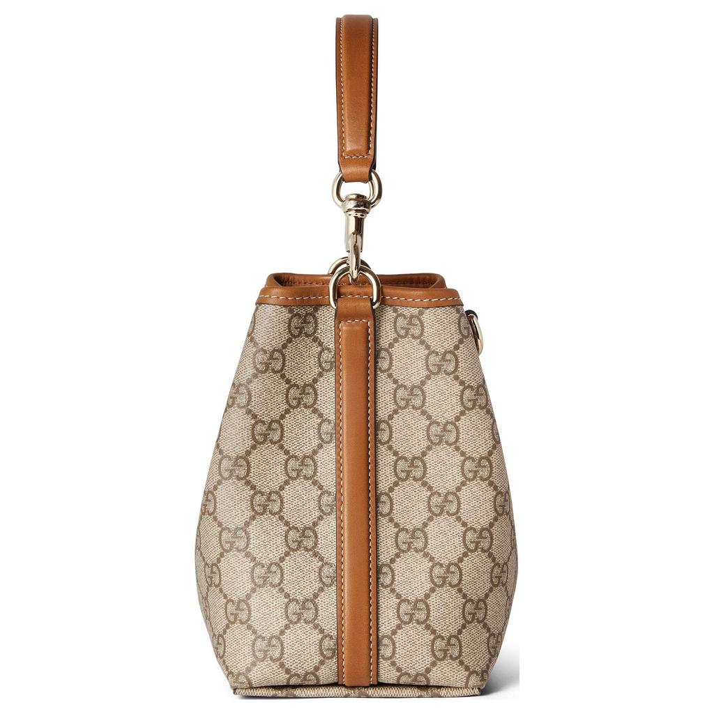Gucci GG Emblem Removable Adjustable Shoulder Strap Bucket Bag Women Handbags Beige Dark-Brown 815118-FAD6L-9758