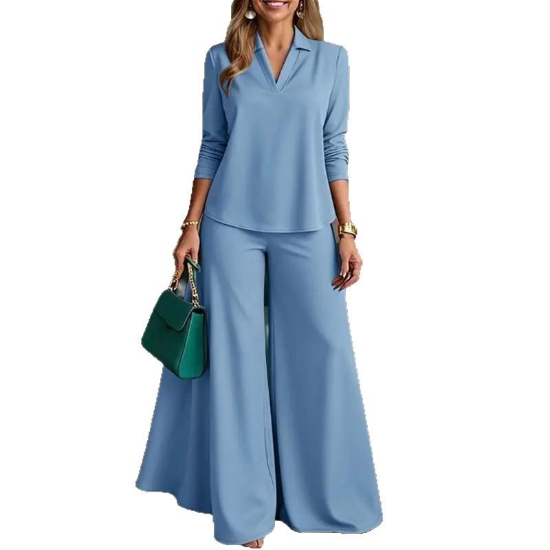 2026 Fashion Women's Two-Piece Pants Simple V-Neck Long Sleeve Top and Wide Leg Pants - Women's Business Wear