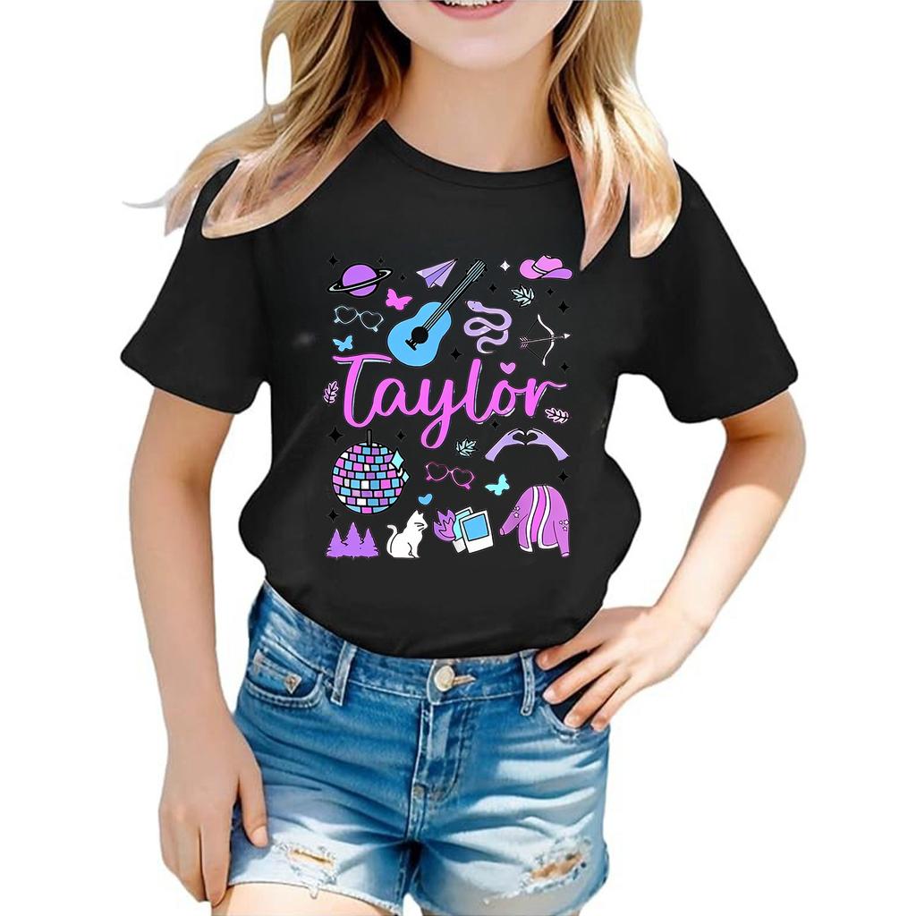 Summer Round Neck 3D Guitar Printed Top Fashionable Casual Short Sleeved Children's Girl T-shirts
