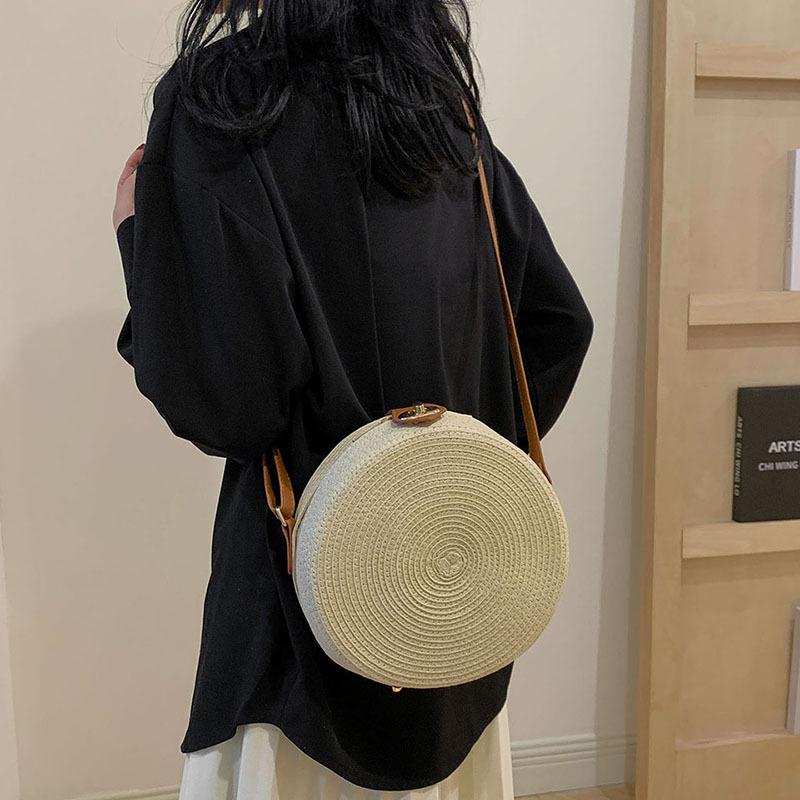 Yogodlns Geantă rotundă de țesut din ratan pentru femei, lucrată manual din frânghie de bumbac, geantă de tricotat de vară, geantă circulară de umăr, geantă de plajă vintage