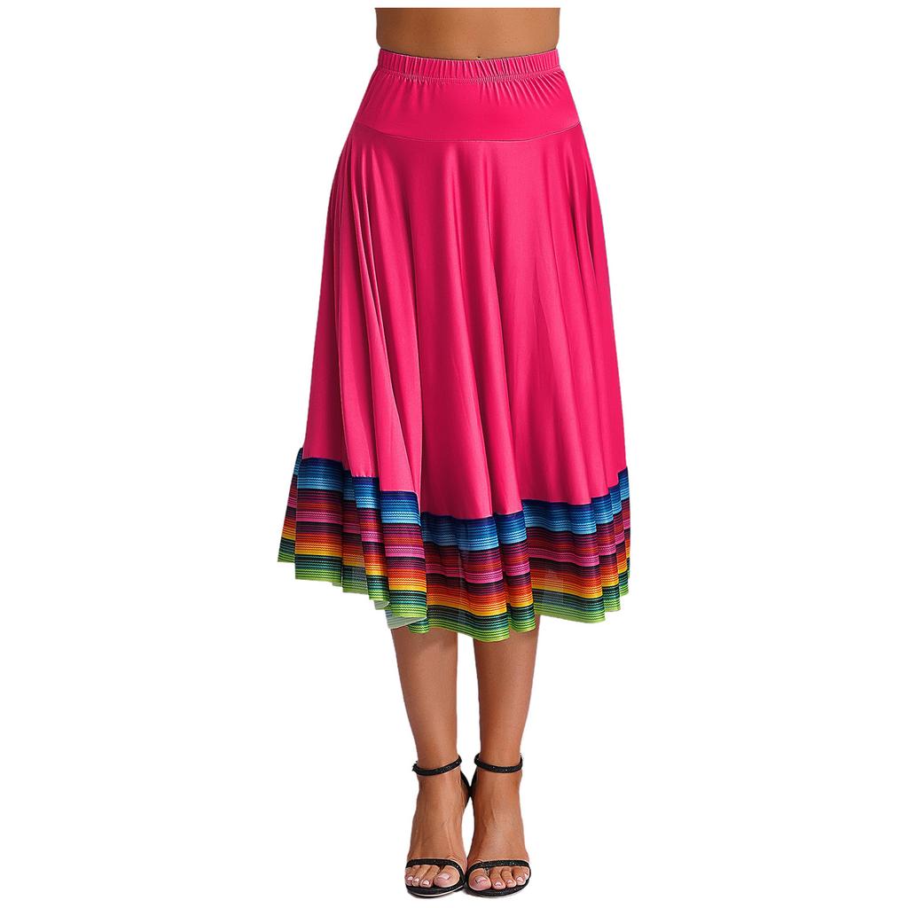 Womens Flamenco Dance Skirt Colorful Stripe Hem Elastic Waistband Folk Dancing Stage Performance Costume