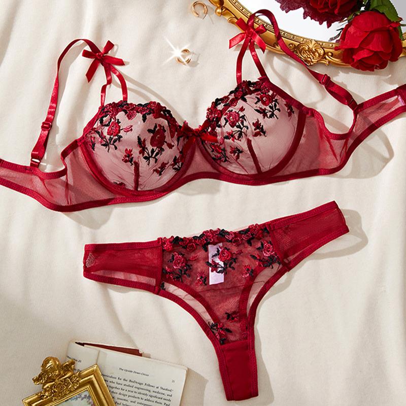 New Women Red Lace Exquisite Embroidery Floral Ultra-thin Deep V Sexy Lingerie Transparent Underwear Bra Set Erotic Costumes