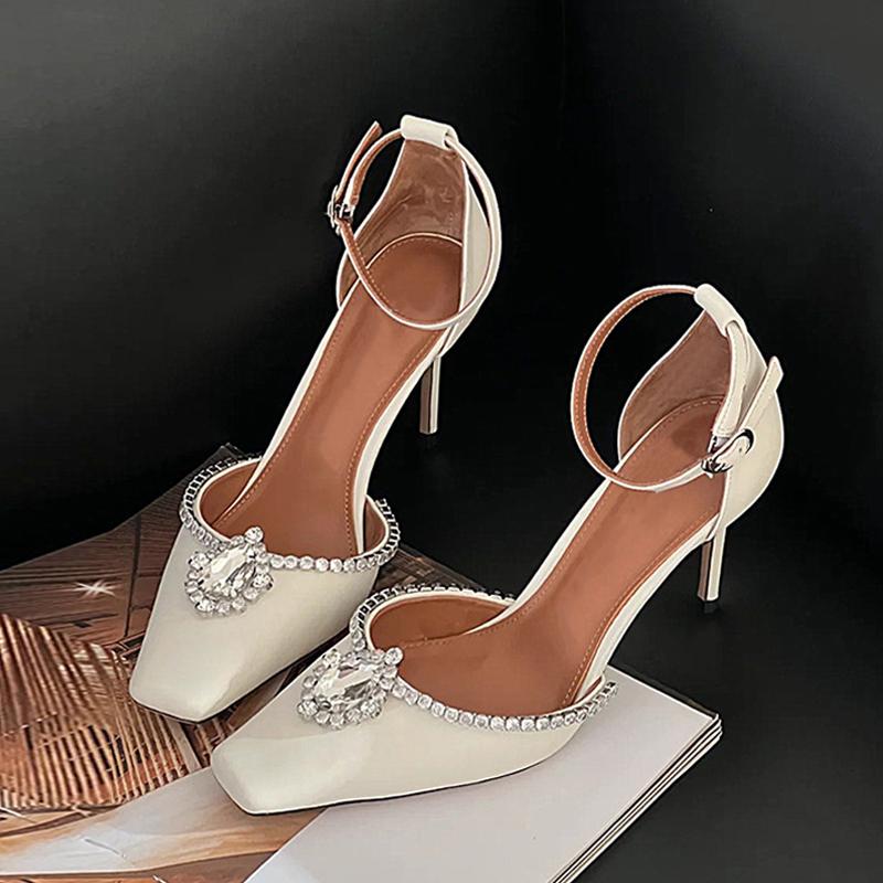 Fashion Liyke Designer Crystal Rhinestone Women's Pumps Silk Square Toe Slingback Sandals White High Heels Stilettos Wedding Prom Shoes