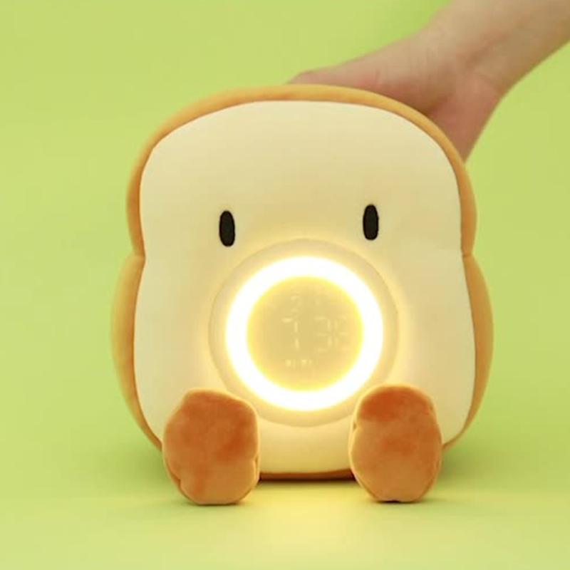 LED Digital Cartoon Alarm Clock Bedroom Night Light Bedside Electronic Clock Soft Plush Toast Shape Alarm Clock