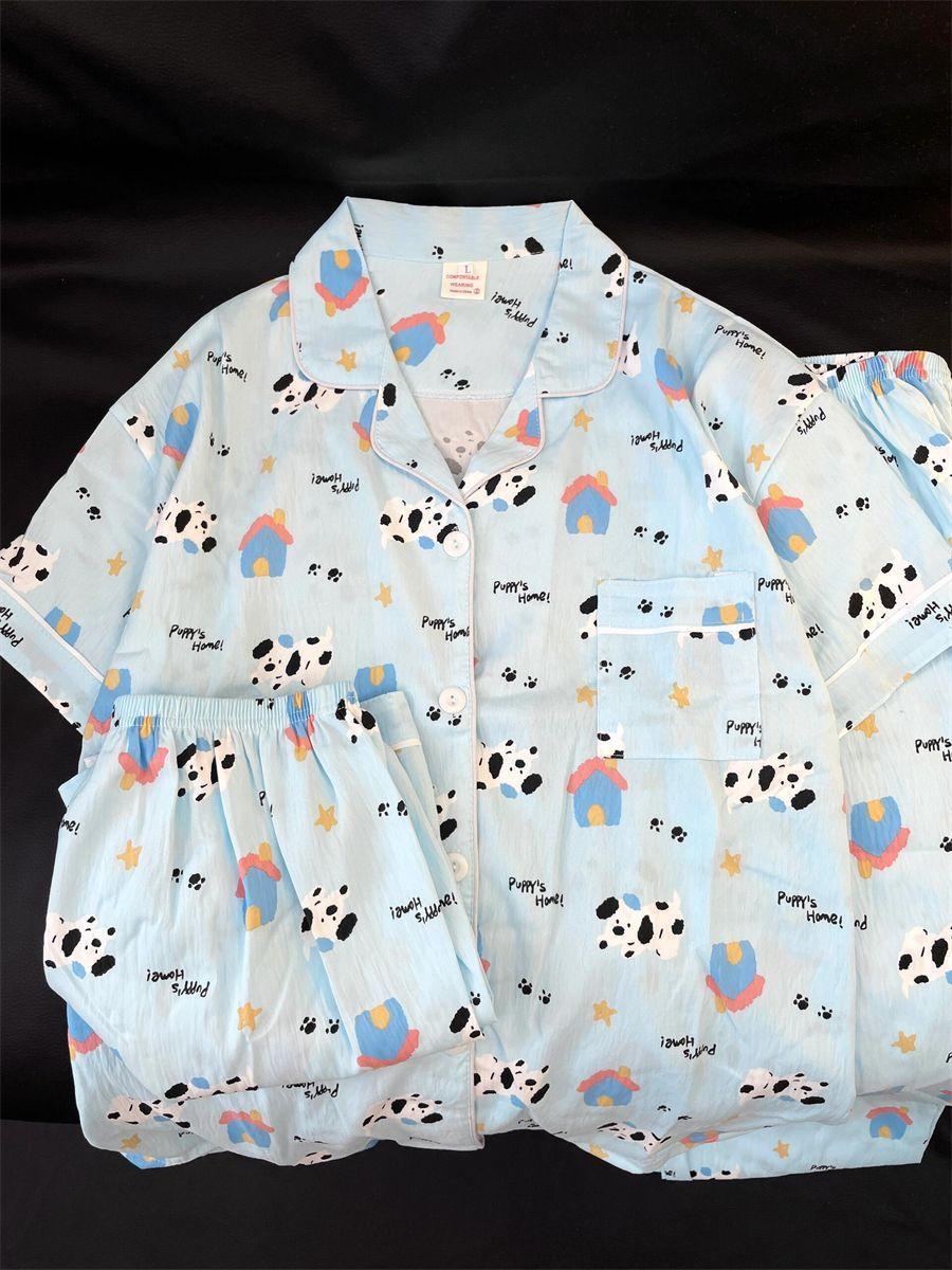 

Full of cartoon spotted puppy pajamas women s summer short-sleeved shorts cardigan two-piece set soft cute can be worn outside loungewear S