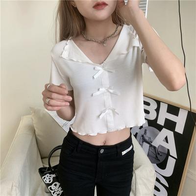 Summer New Style Bm Style Short Slim Fit Design Bow Fungus Lapel V-neck T-shirt Top